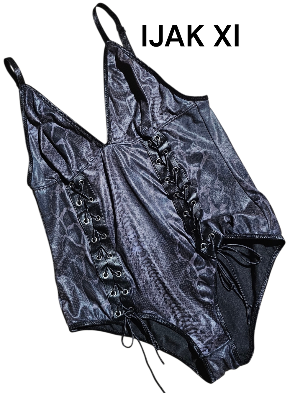 Black Snake-Print Lace-Up Bodysuit